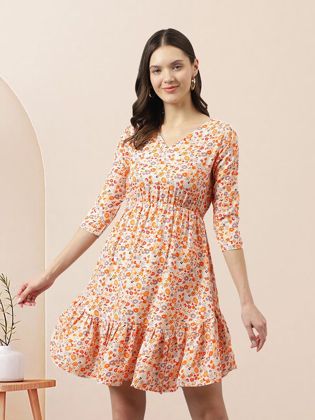 

BAESD Floral Printed V-Neck Gathered Detailed Fit & Flare Dress, Orange