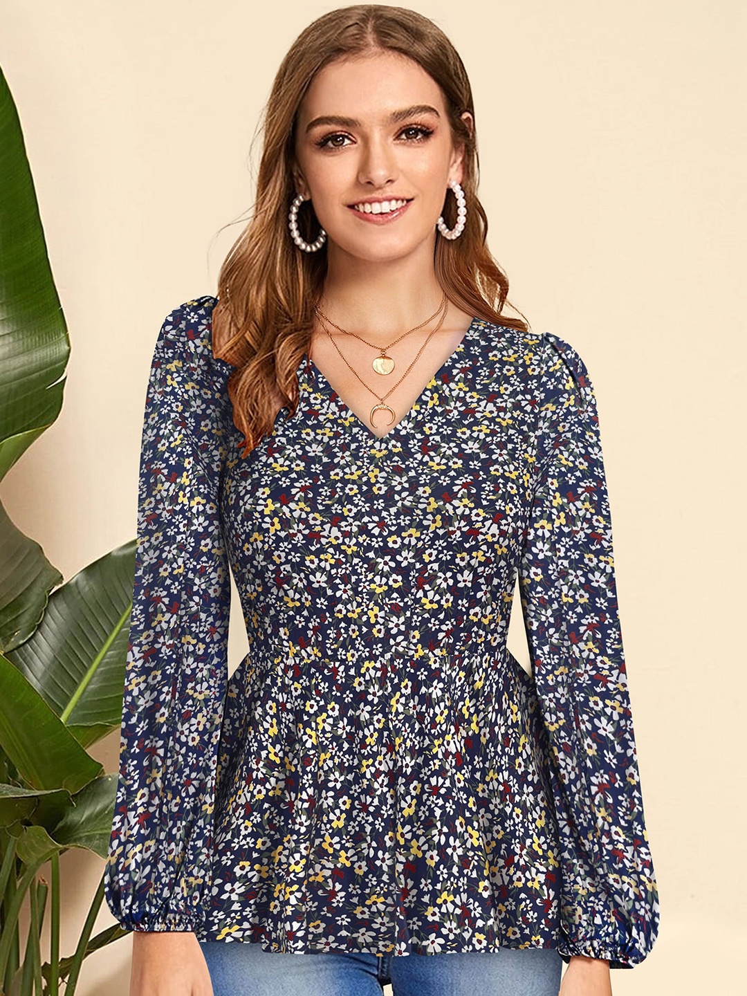 

BAESD Floral Printed V-Neck Puff Sleeve Peplum Top, Navy blue