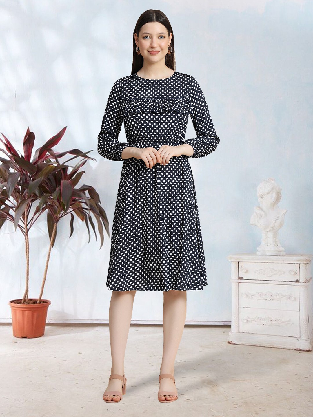 

BAESD Polka Dot Printed Fit & Flared Dress, Navy blue