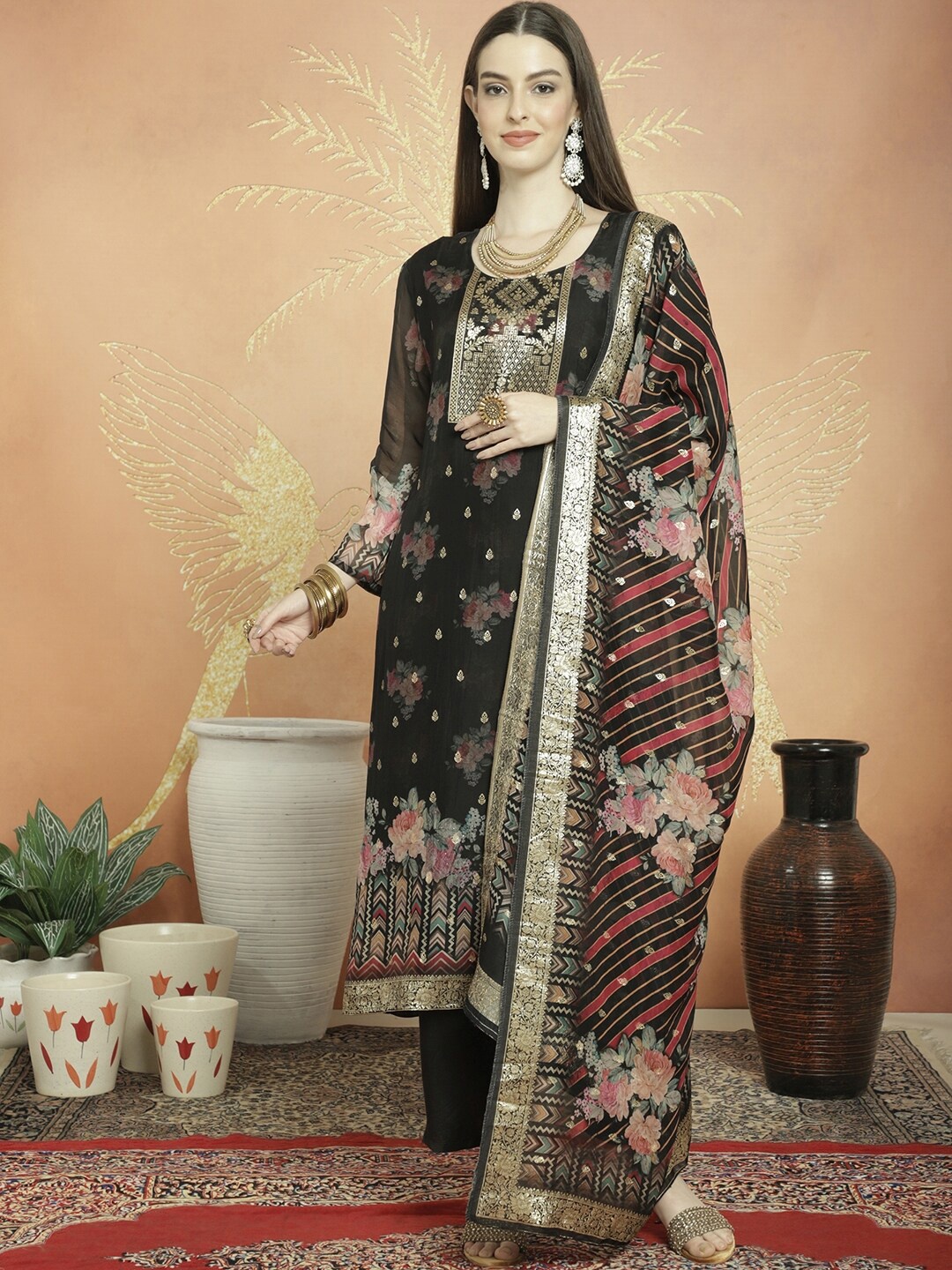 

Stylee LIFESTYLE Floral Woven Design Jacquard Zari Unstitched Dress Material, Black