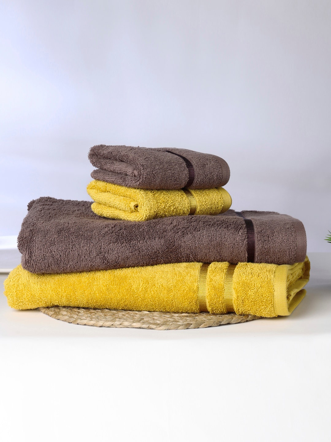 

SPACES Aurum Mustad Yellow & Brown 4 Pieces Self Design Pure Cotton 500 GSM Towel Set, Mustard