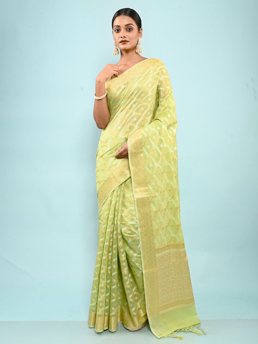 

AllSilks Geometric Woven Design Pure Cotton Saree, Green