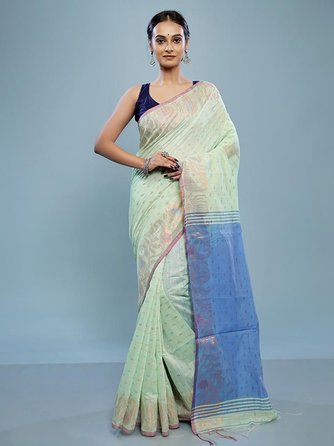 

AllSilks Ethnic Motifs Woven Design Zari Silk Cotton Saree, Green
