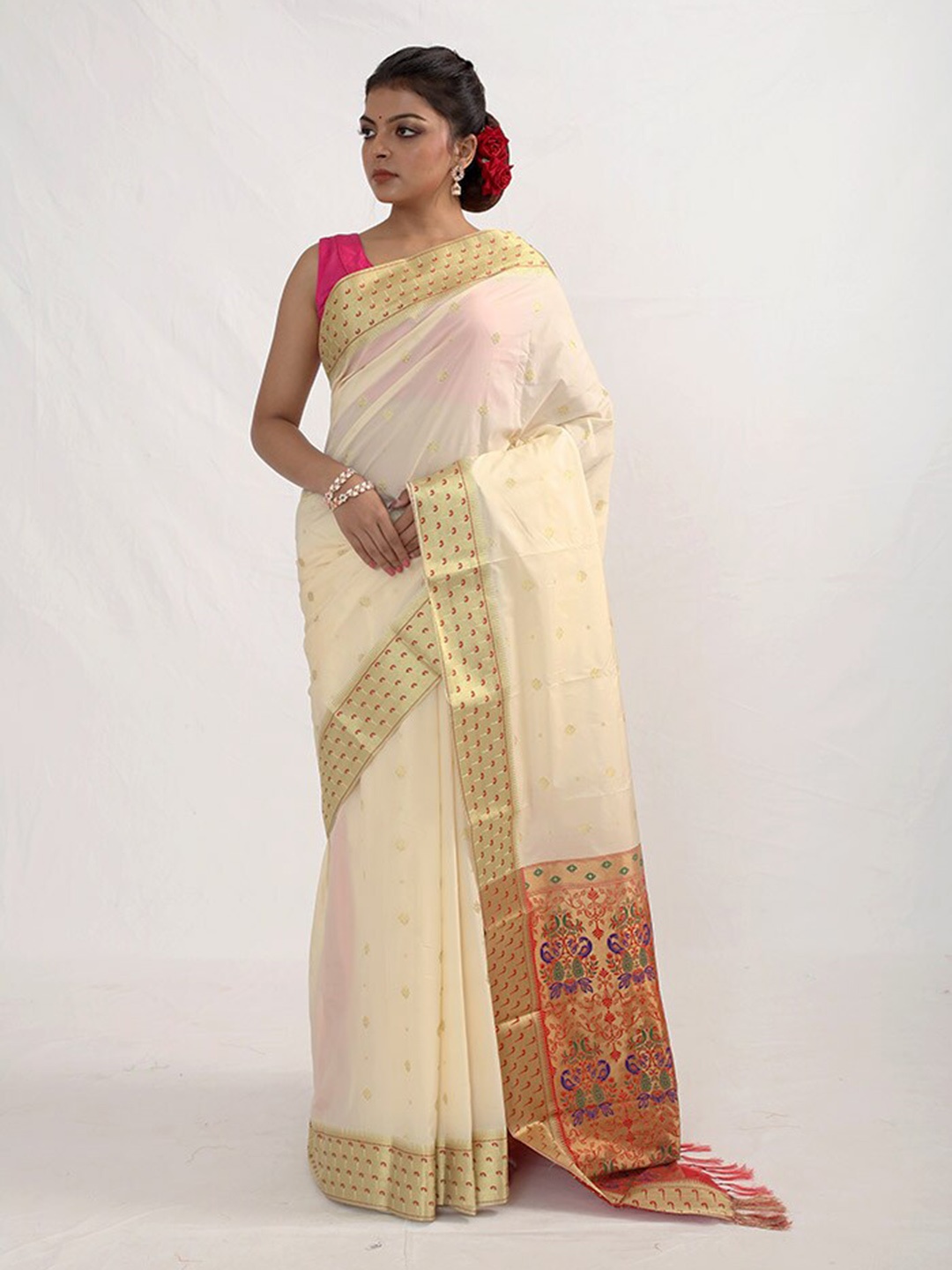 

AllSilks Ethnic Motifs Woven Design Zari Pure Silk Kanjeevaram Saree, Cream