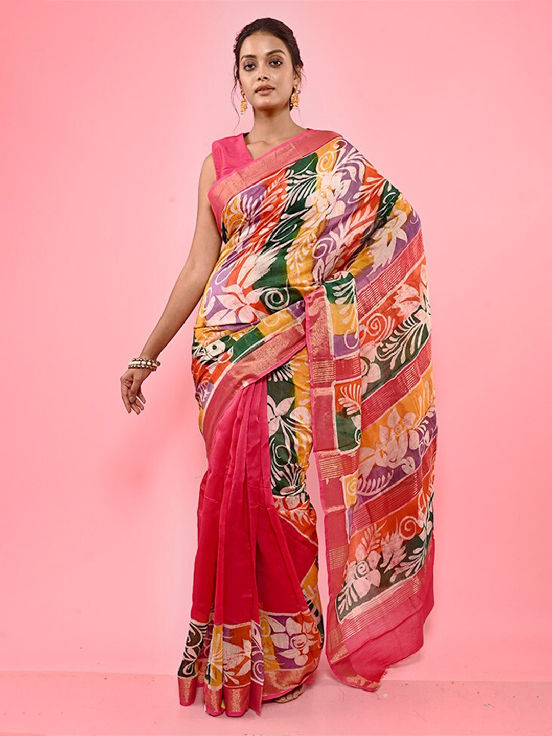 

AllSilks Floral Printed Zari Silk Cotton Chanderi Saree, Pink