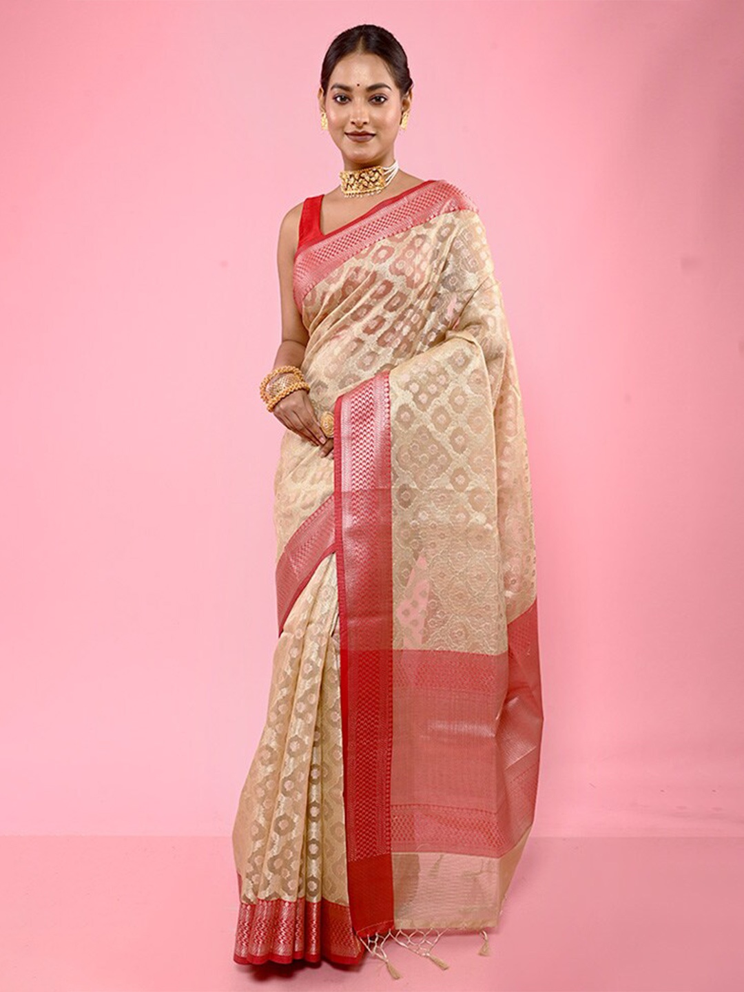

AllSilks Ethnic Motif Woven Design Zari Saree, Cream