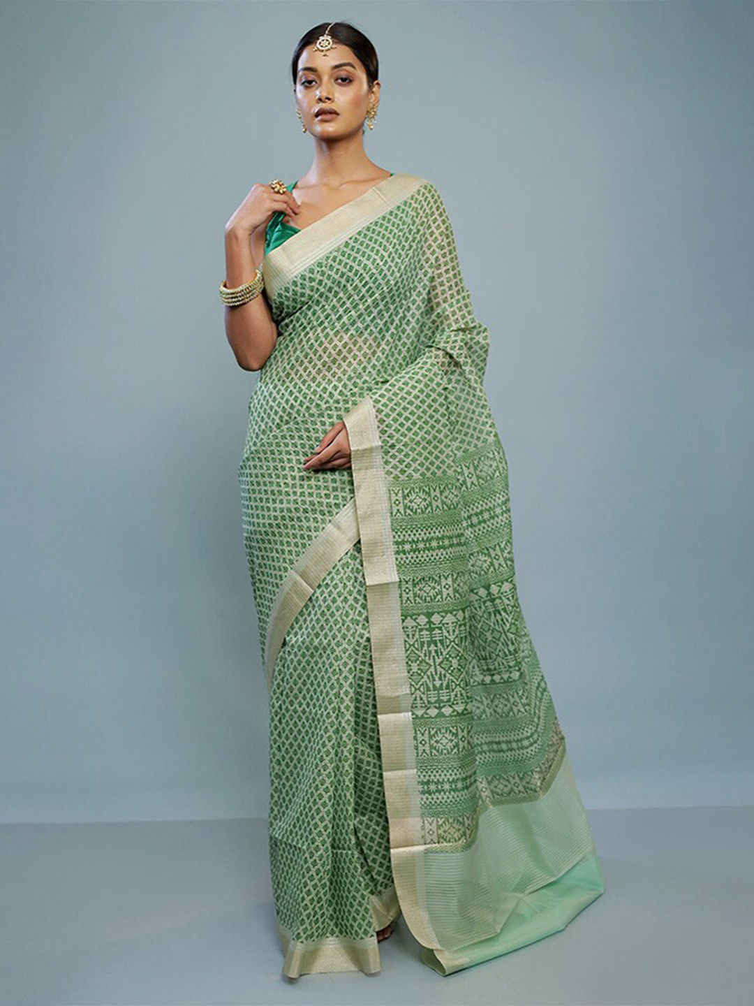 

AllSilks Ethnic Motif Printed Zari Saree, Green