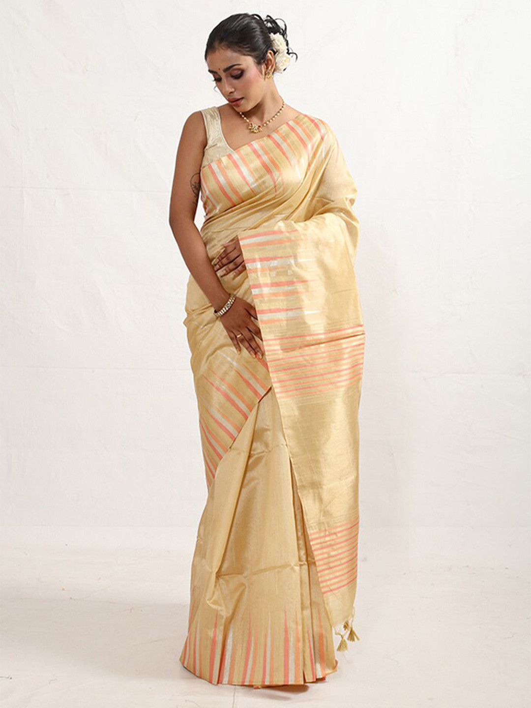 

AllSilks Cream-Coloured Zari Detail Saree