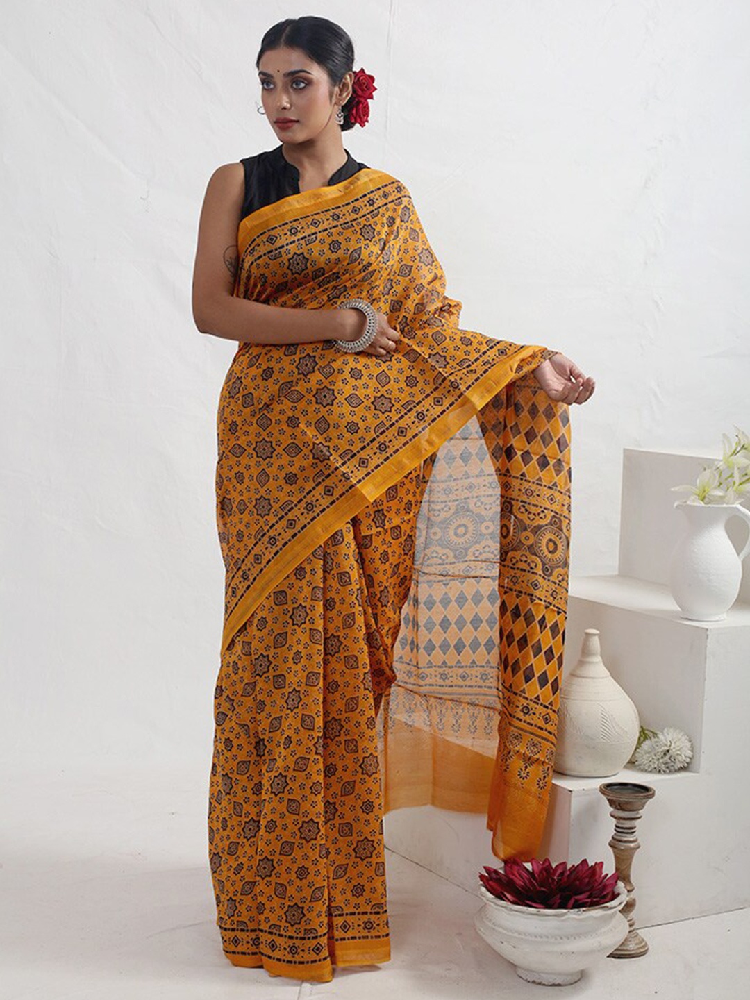 

AllSilks Ethnic Motifs Silk Cotton Chanderi Saree, Yellow