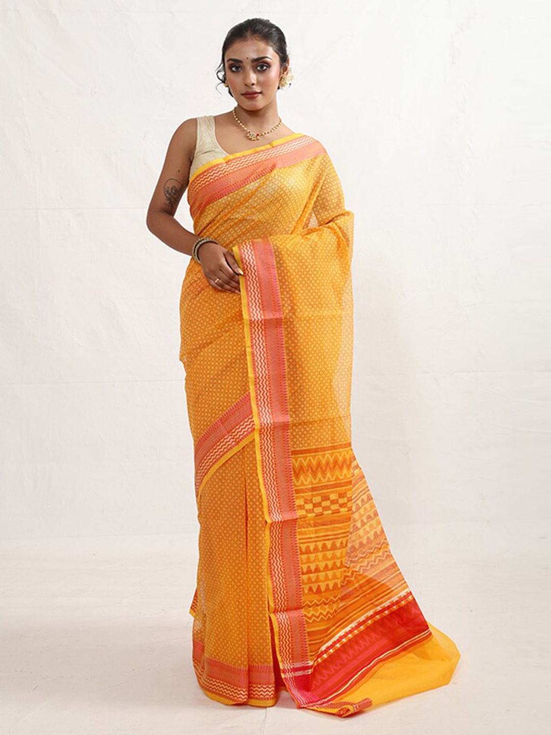 

AllSilks Geometric Printed Pure Cotton Saree, Yellow