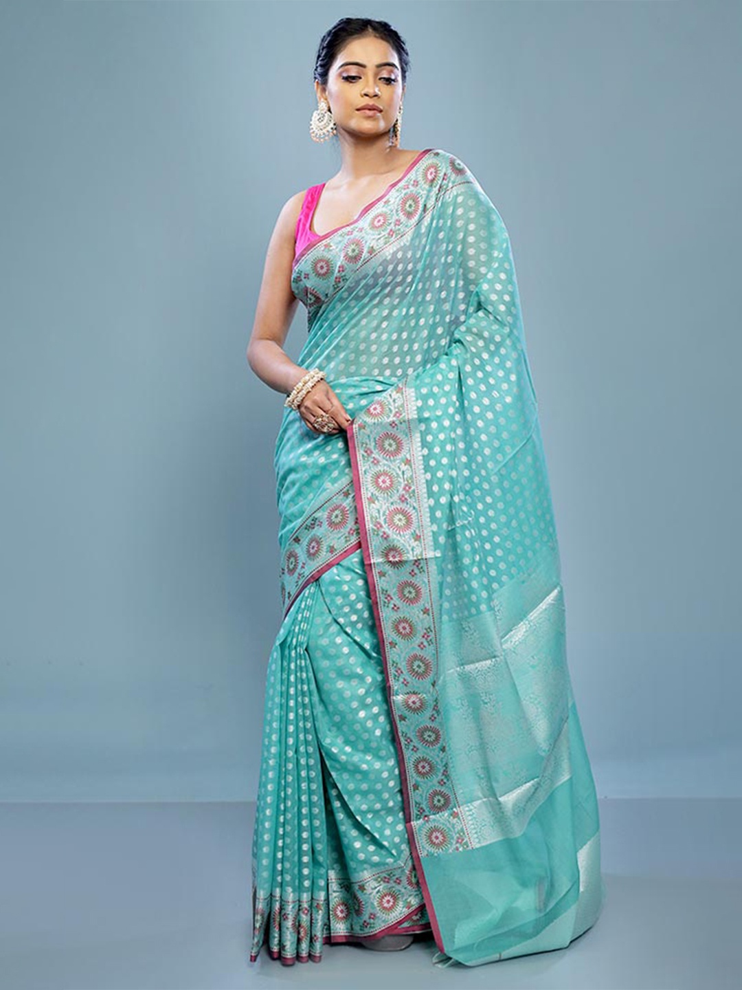 

AllSilks Floral Woven Design Pure Cotton Saree, Blue