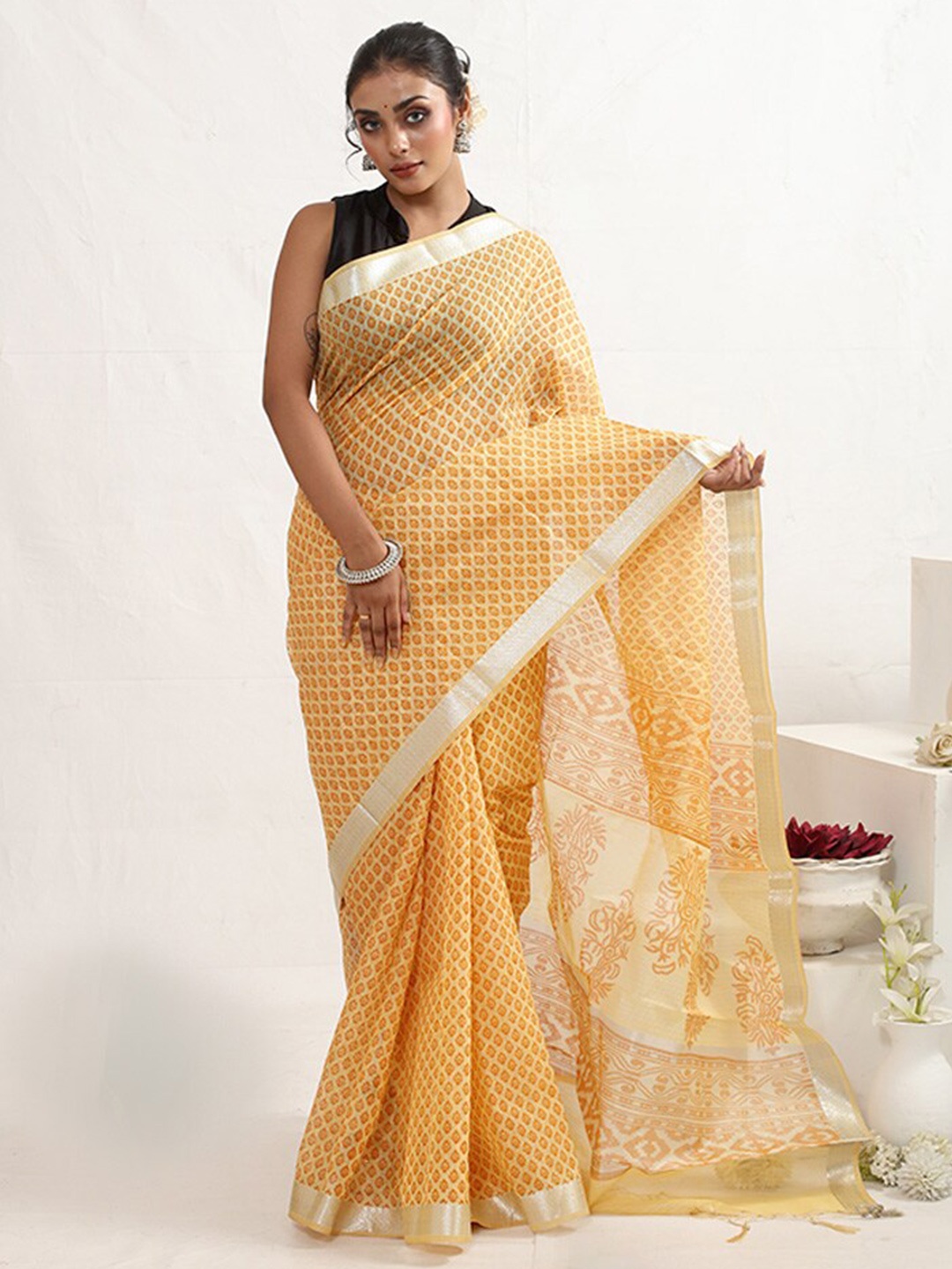 

AllSilks Floral Printed Pure Cotton Saree, Yellow