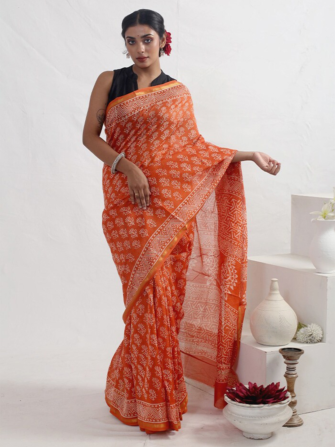 

AllSilks Silk Cotton Chanderi Saree, Orange