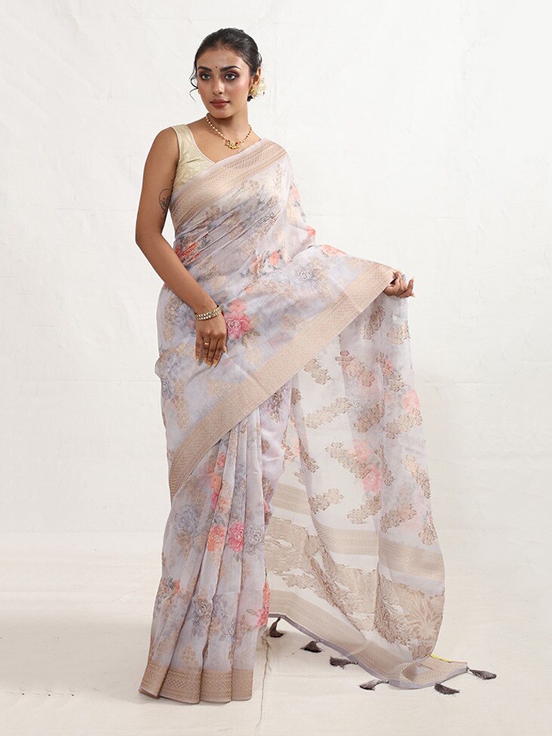 

AllSilks Floral Woven Design Zari Organza Saree, Grey