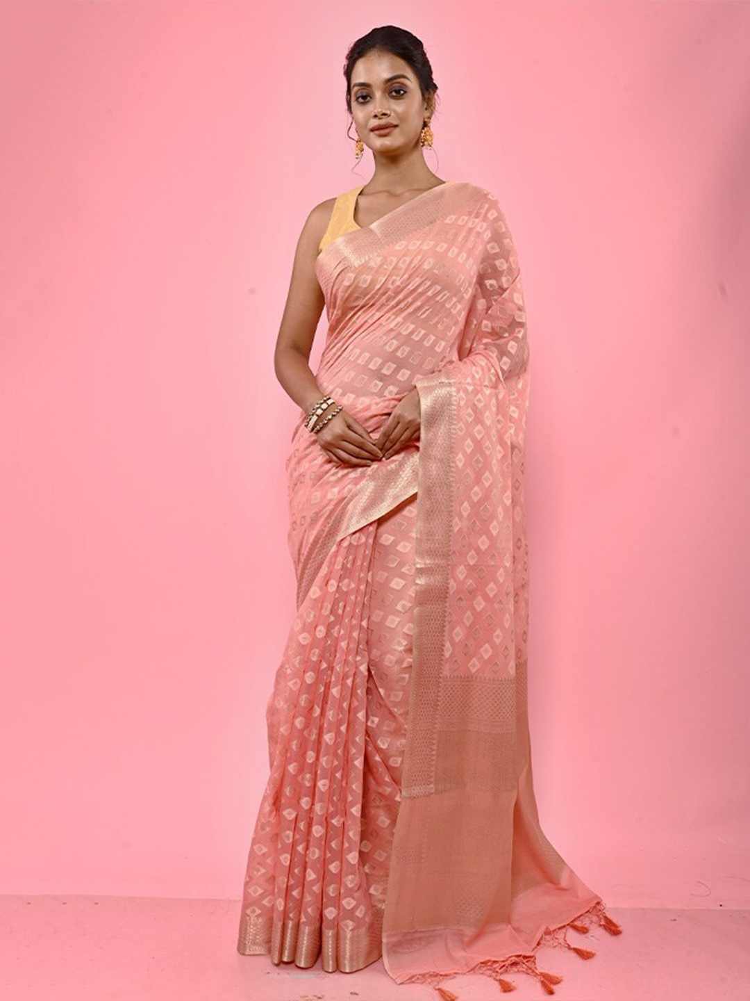 

AllSilks Geometric Woven Design Zari Saree, Pink