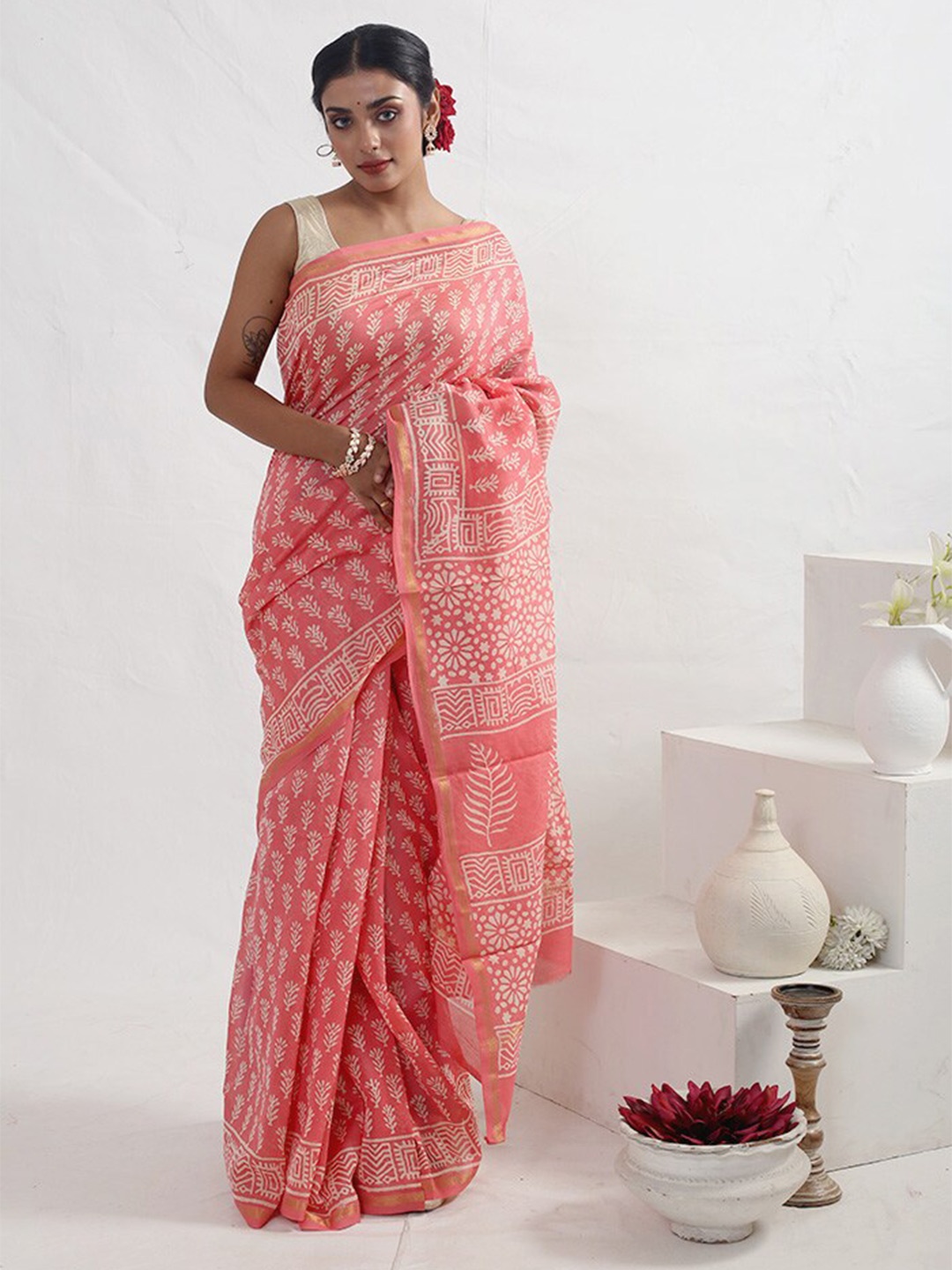 

AllSilks Floral Printed Chanderi Zari Saree, Pink