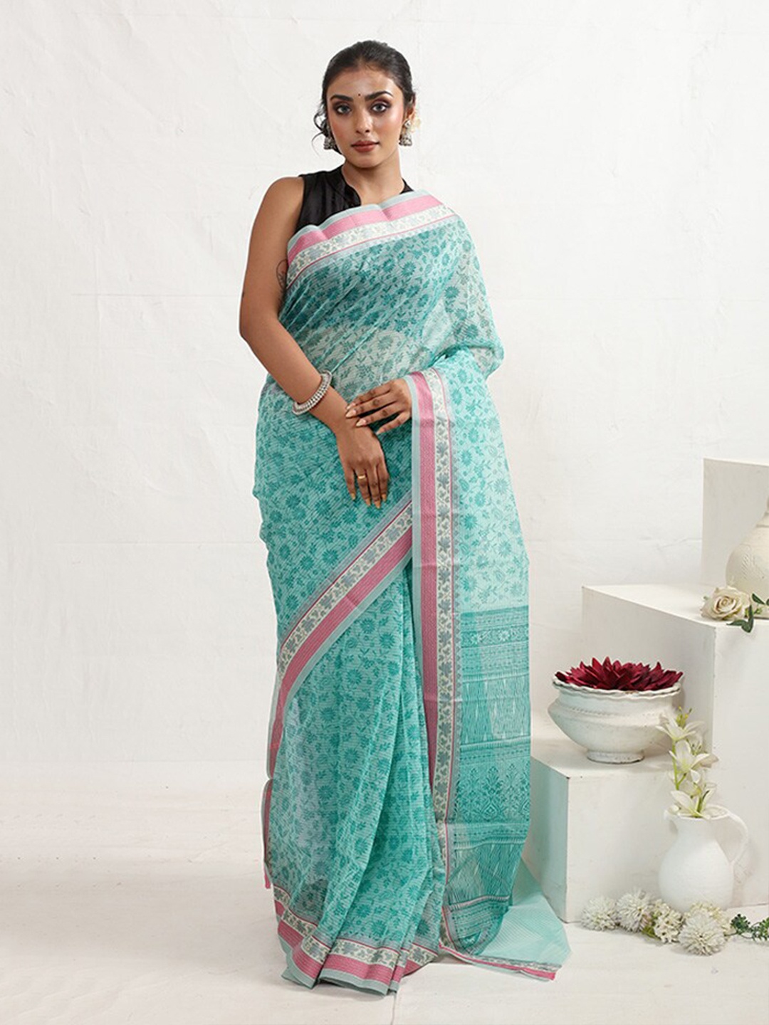 

AllSilks Floral Printed Saree, Blue