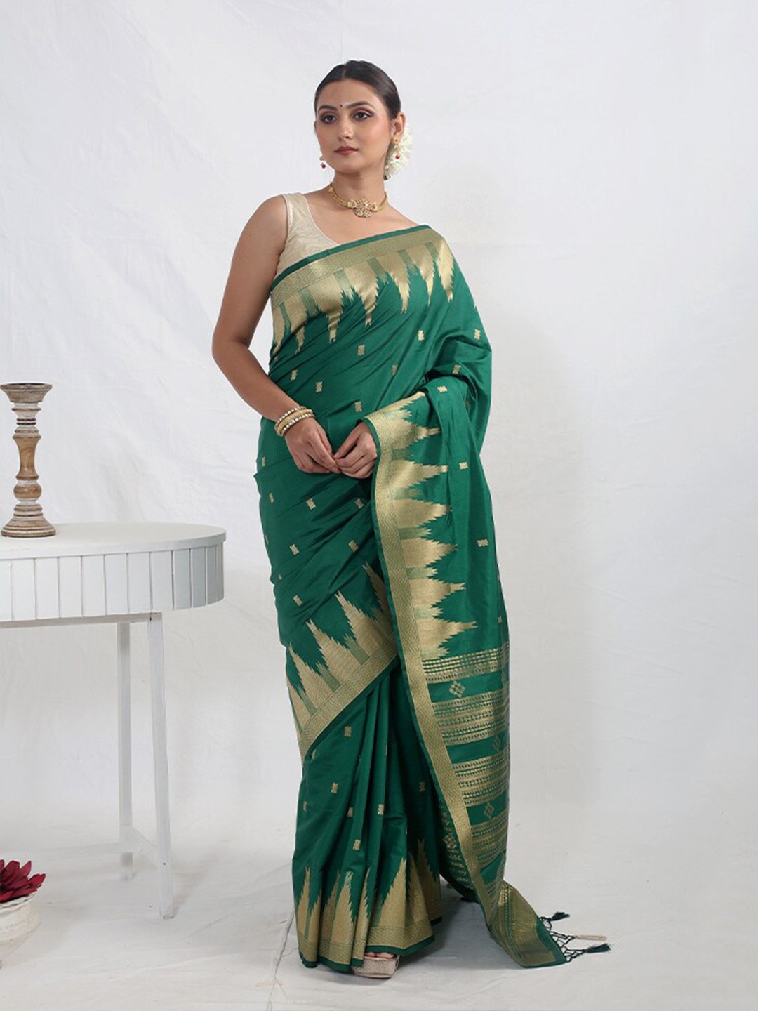 

AllSilks Ethnic Motifs Woven Design Zari Saree, Green