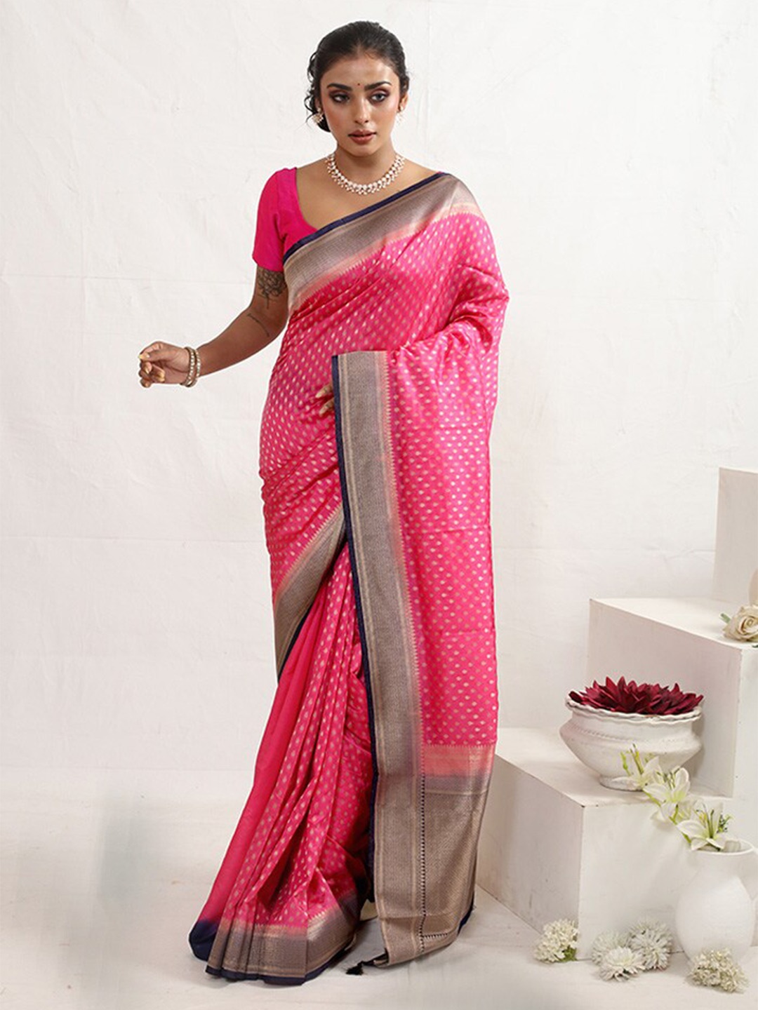 

AllSilks Ethnic Motifs Woven Design Zari Saree, Pink