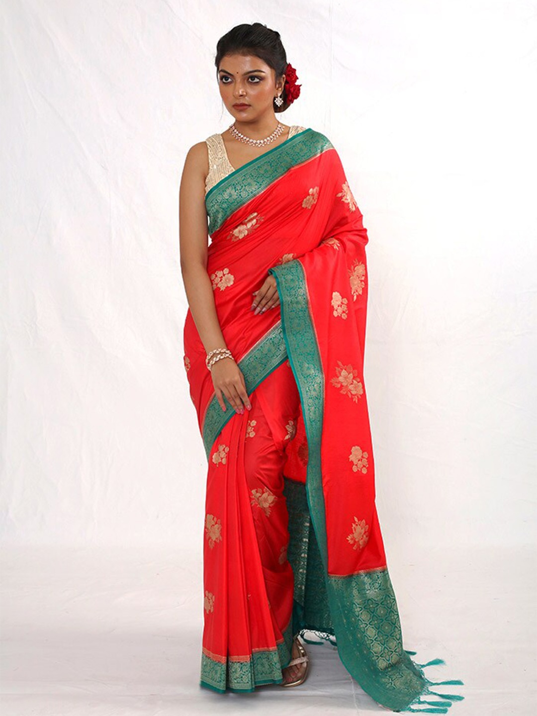 

AllSilks Floral Printed Zari Saree, Red