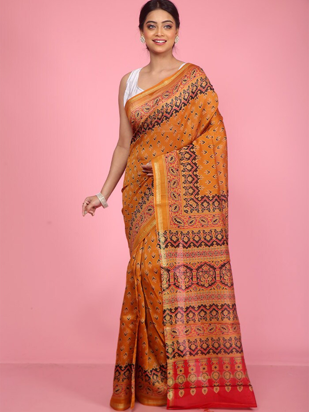 

AllSilks Chanderi Zari Border Saree, Orange