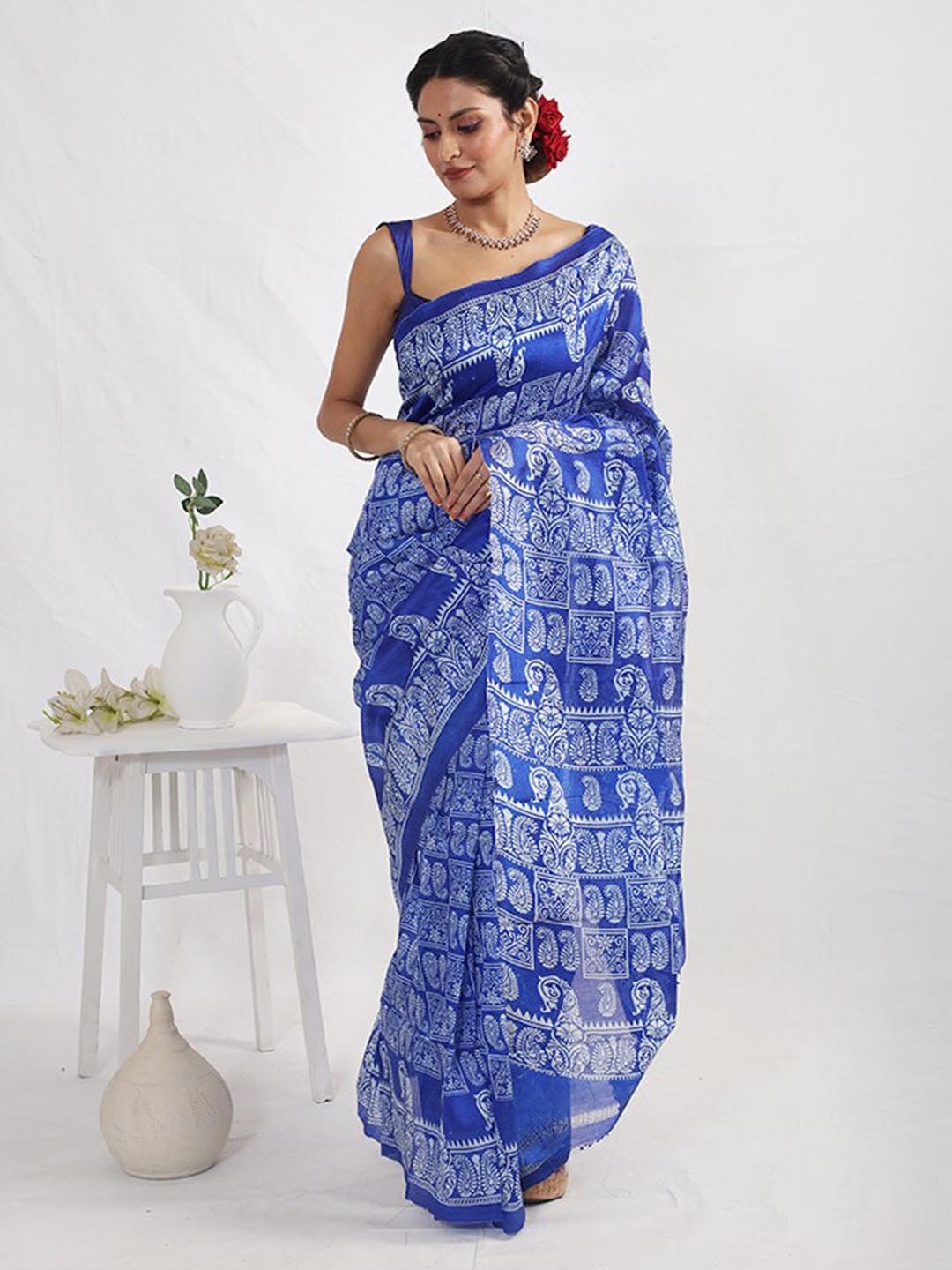 

AllSilks Pure Silk Murshidabad silk Ethnic Motifs Saree, Blue