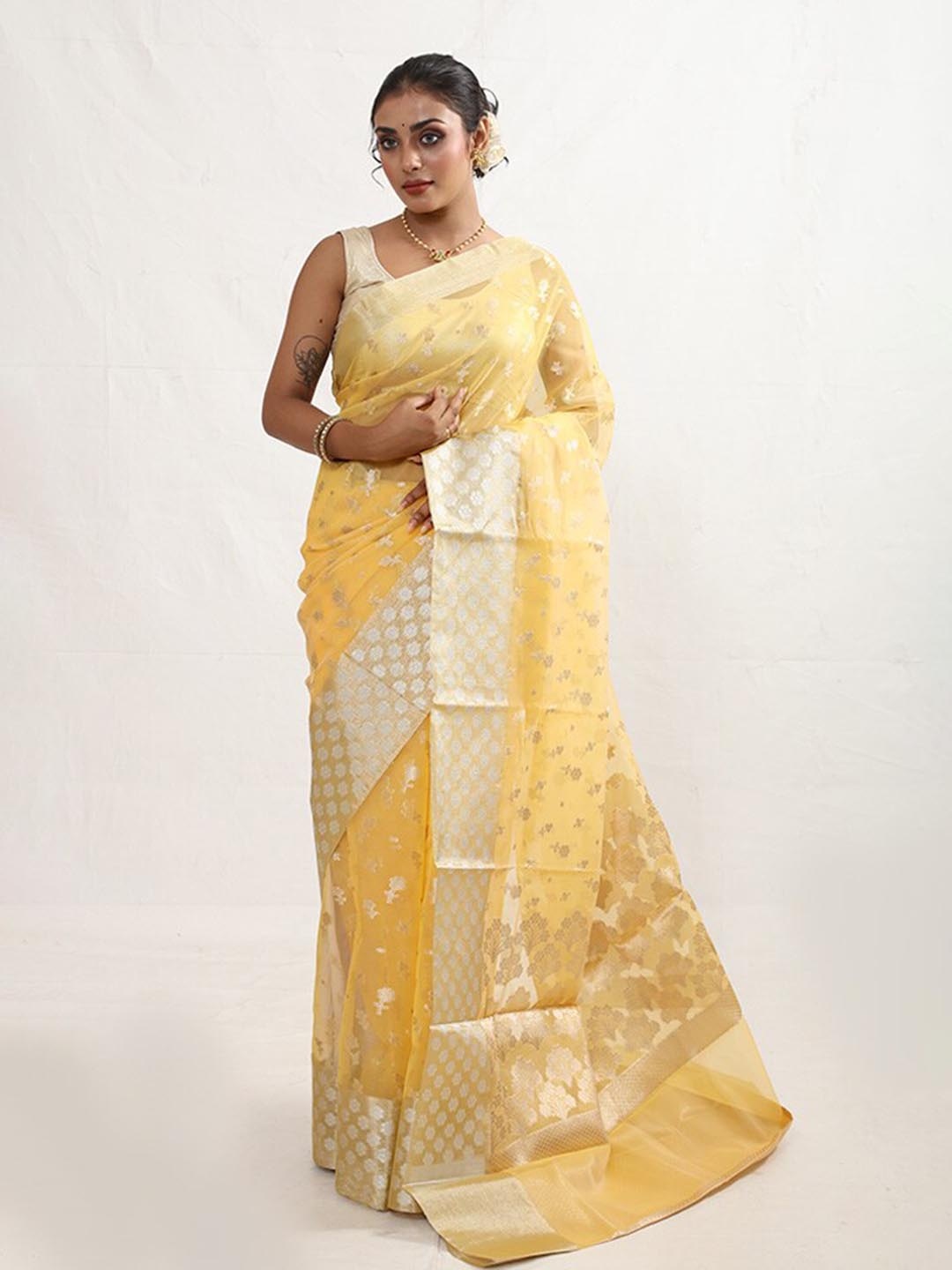 

AllSilks Yellow and GoldToned Organza Saree With Blouse Piece