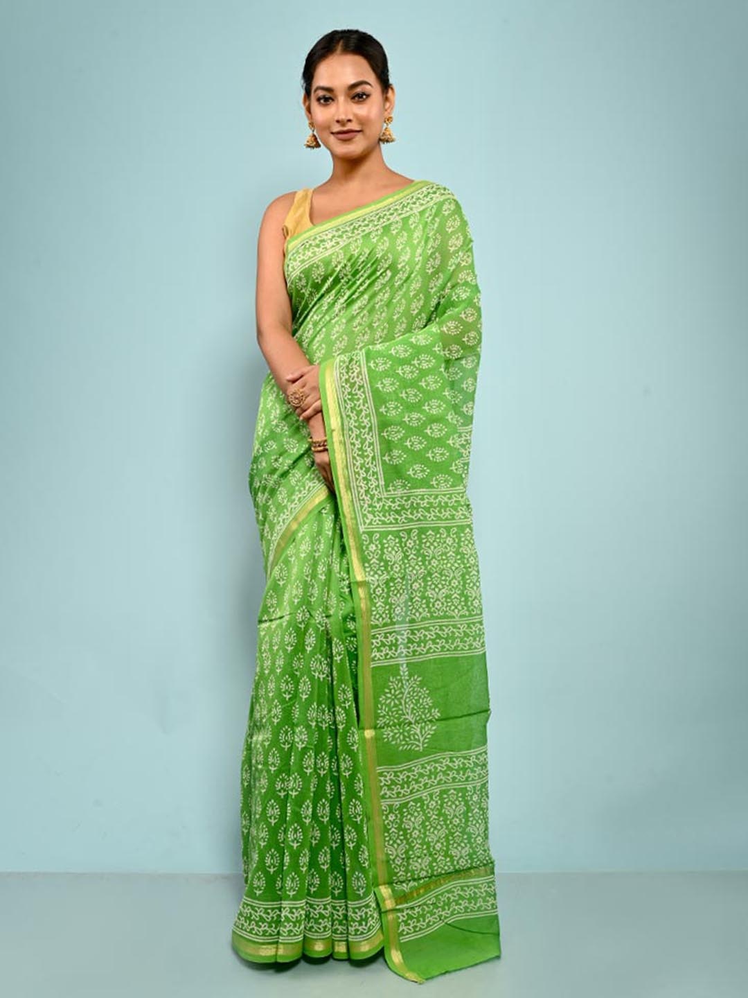 

AllSilks Green and White Silk Cotton Chanderi Saree With Blouse Piece