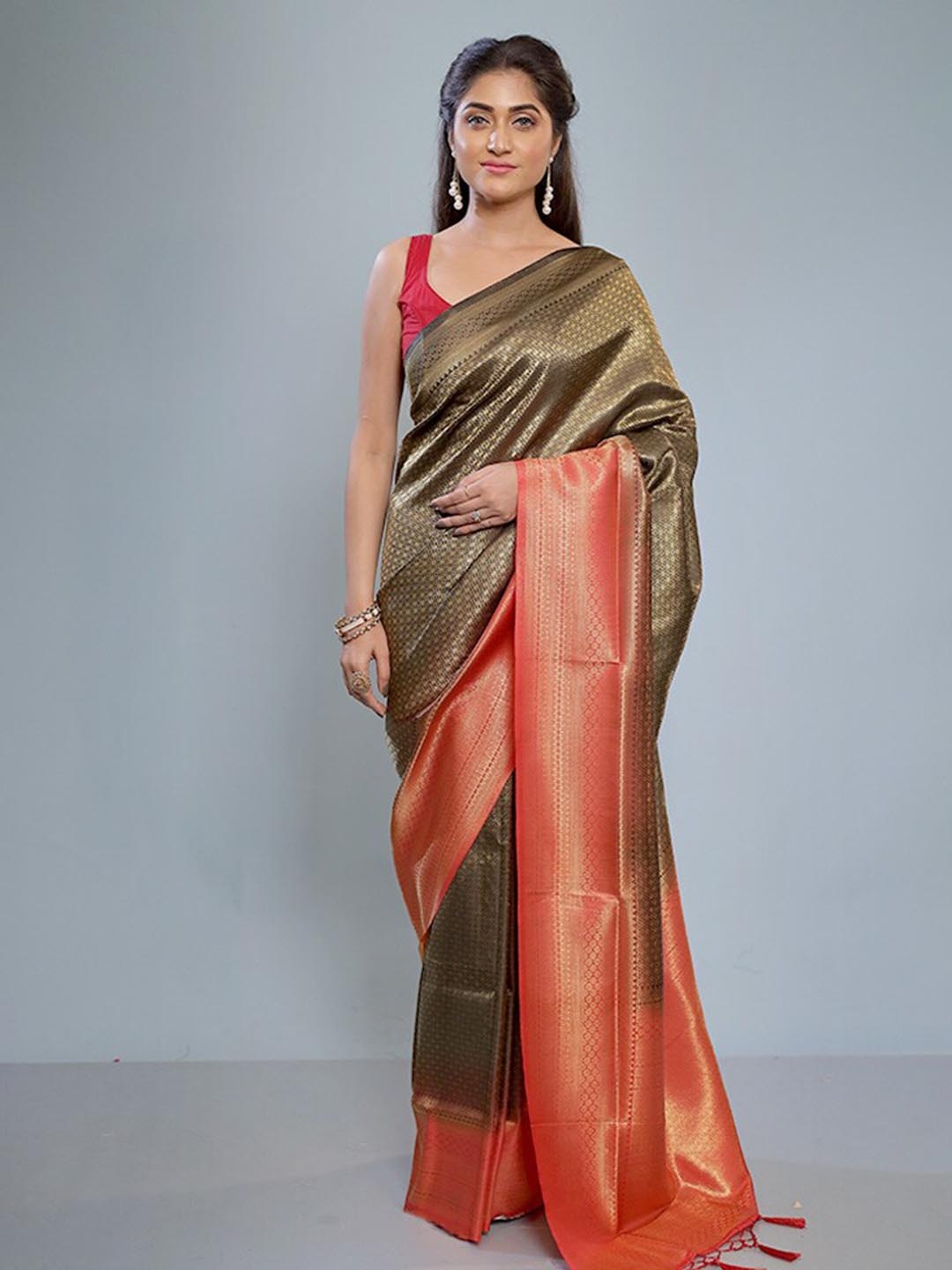 

AllSilks Dupion GoldToned and Red Silk Saree With Blouse Piece, Gold