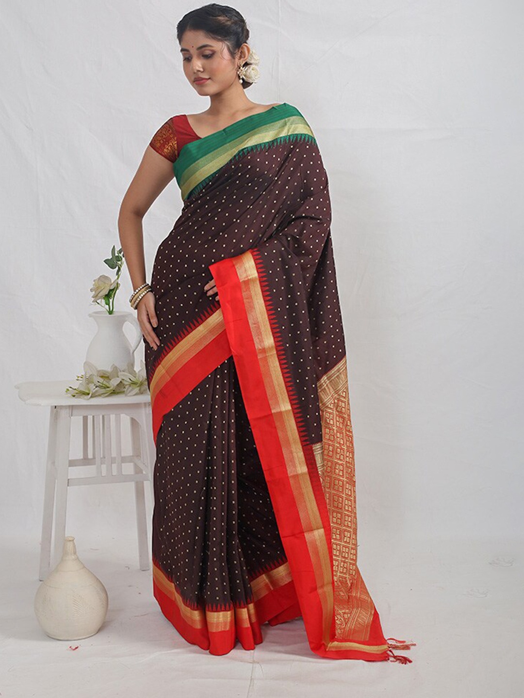 

AllSilks Ethnic Motifs Woven Design Kanjeevaram Saree, Brown