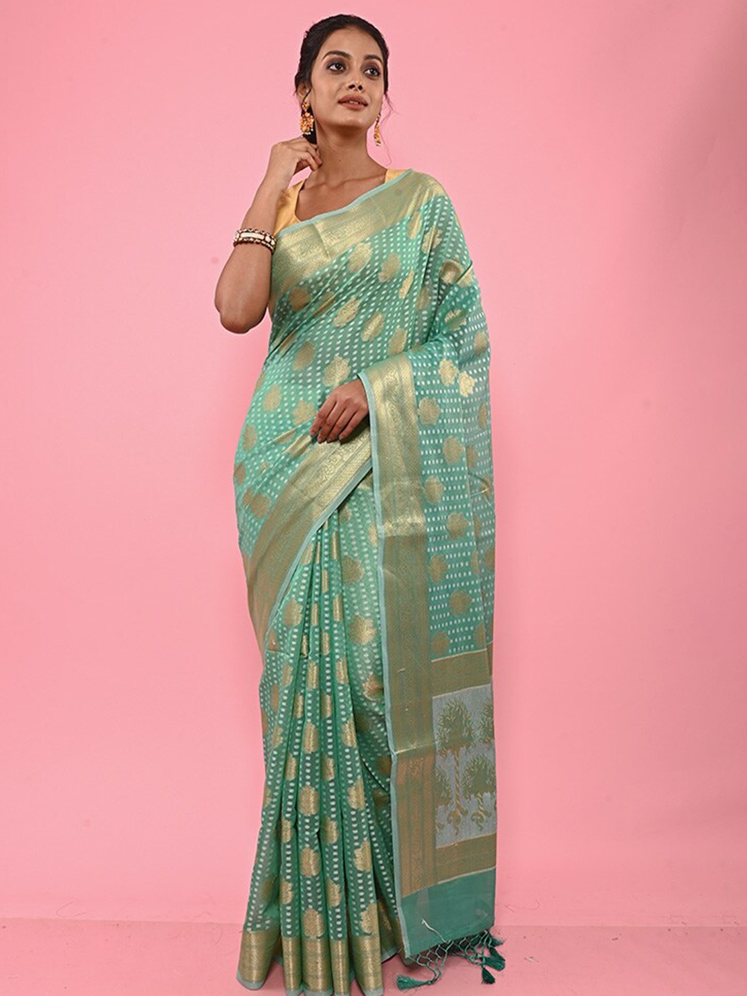 

AllSilks Woven Design Zari Pure Cotton Saree, Green