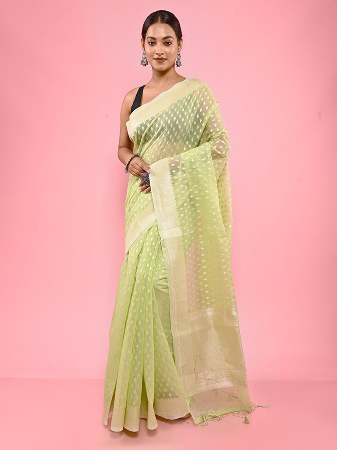 

AllSilks Pure Cotton Woven Design Saree, Green