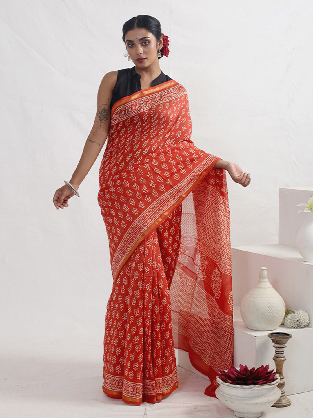 

AllSilks Printed Silk Cotton Chanderi Saree, Orange