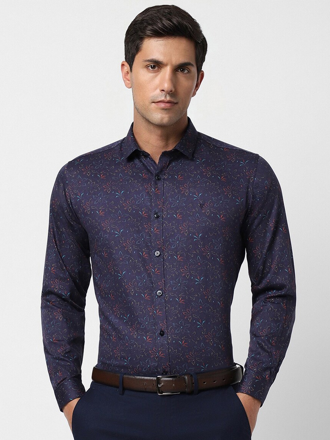 

V Dot Slim Fit Floral Printed Pure Cotton Casual Shirt, Purple