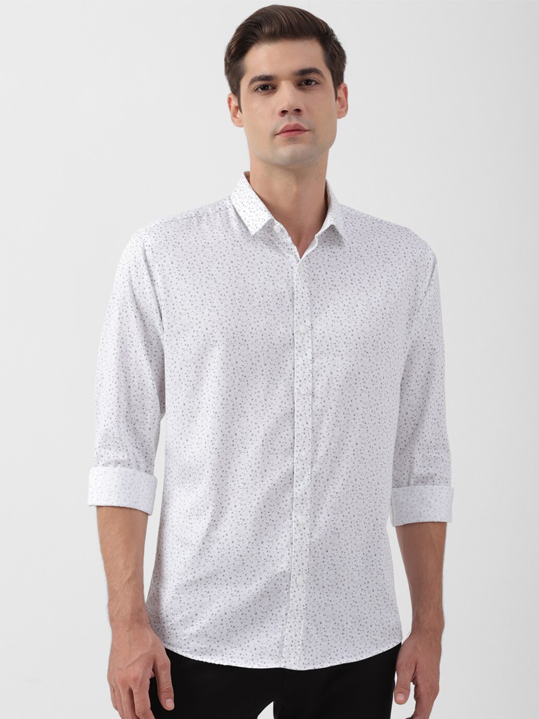

V Dot Slim Fit Micro Ditsy Printed Pure Cotton Casual Shirt, White