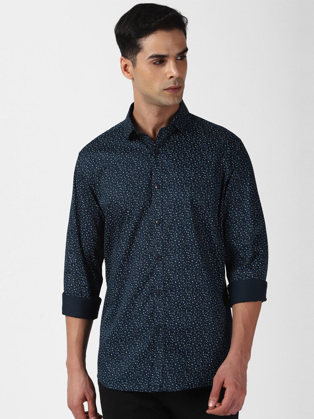 

V Dot Slim Fit Abstract Printed Pure Cotton Casual Shirt, Navy blue