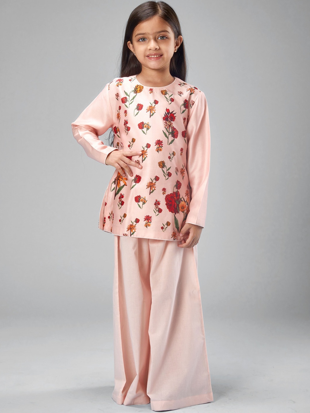 

BAL BACHCHE Girls Floral Printed Chanderi Silk Kurti With Palazzo, Pink