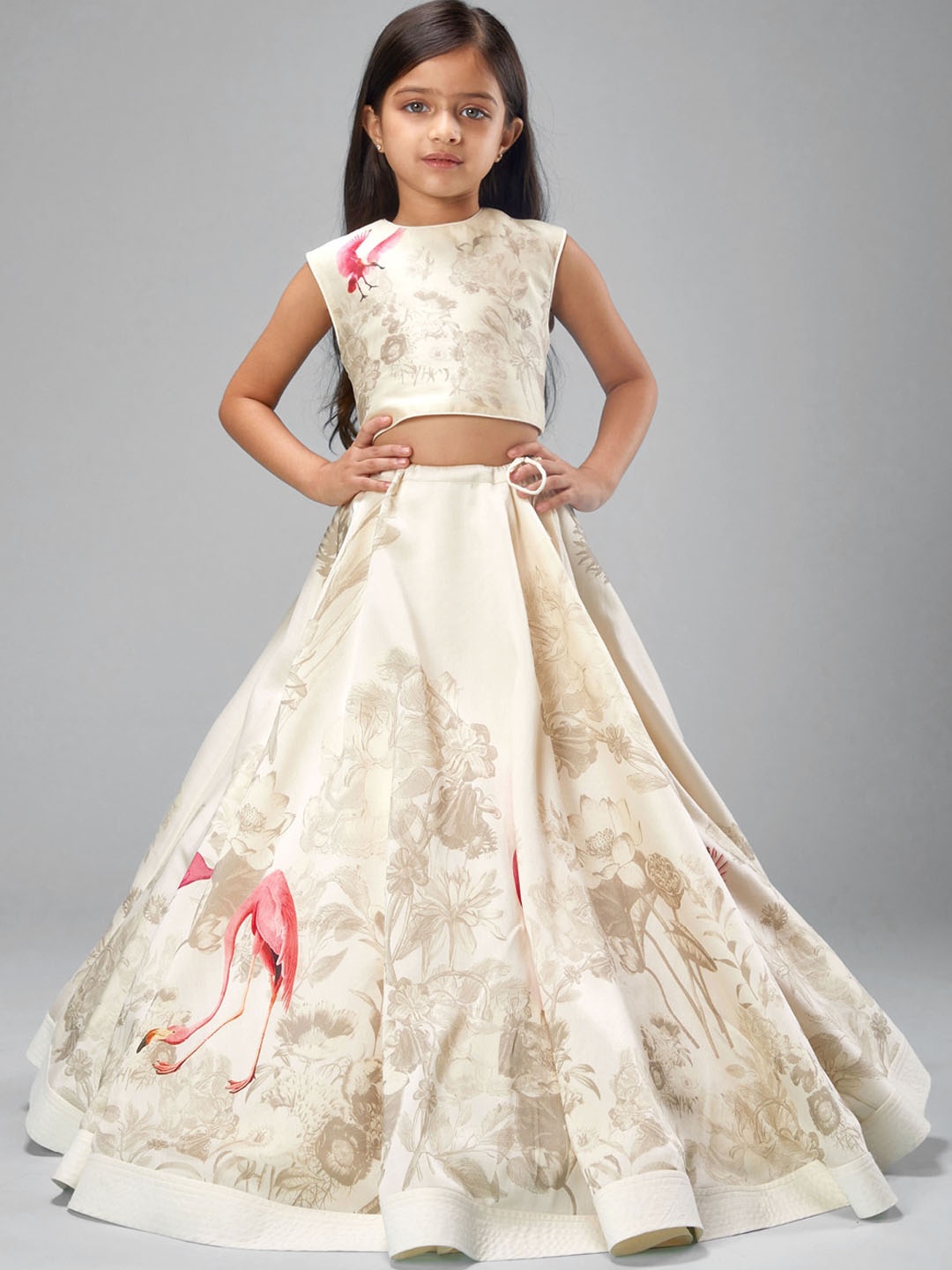 

BAL BACHCHE Girls Printed Round Neck Sleeveless Top With Skirt & Dupatta, Off white