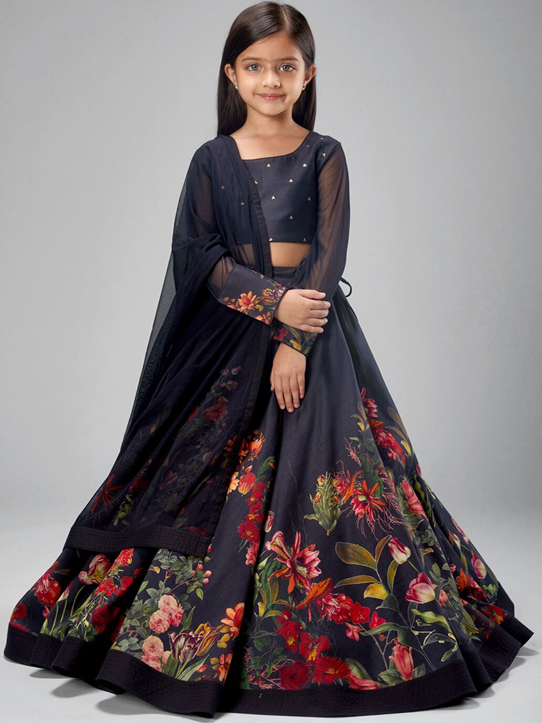 

BAL BACHCHE Girls Floral Printed Lehenga & Blouse With Dupatta, Black