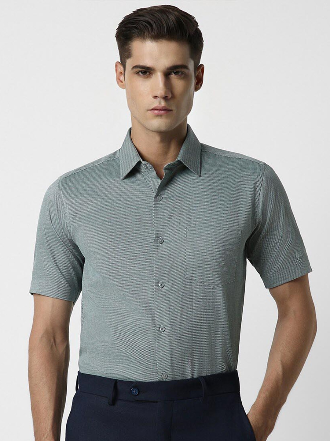 

Van Heusen Textured Short Sleeves Pure Cotton Formal Shirt, Green
