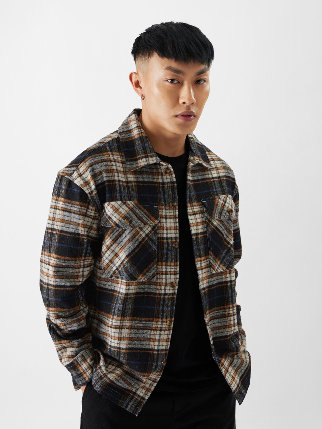 

The Souled Store Tartan Checked Pure Cotton Oversized Casual Shacket, Black