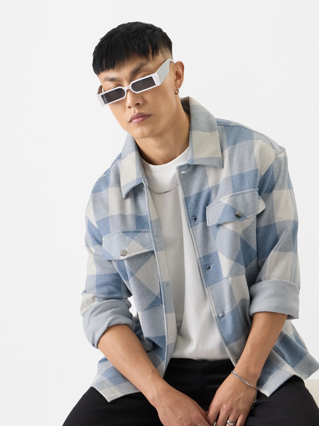 

The Souled Store Buffalo Checked Pure Cotton Oversized Casual Shacket, Blue