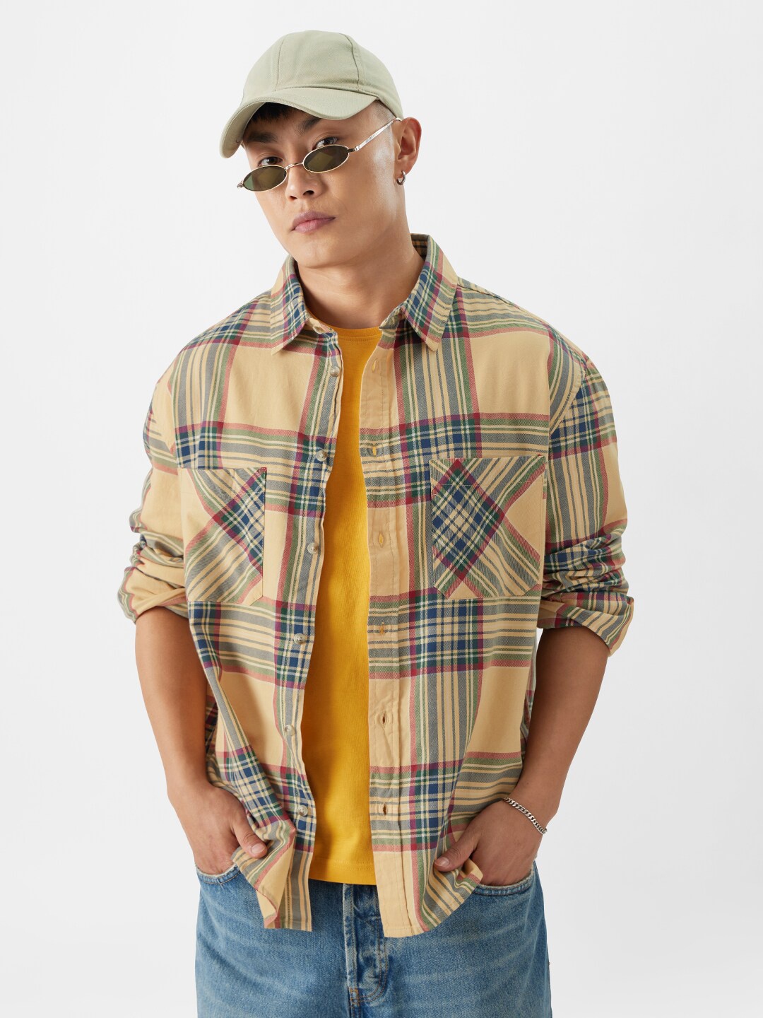 

The Souled Store Tartan Checked Pure Cotton Oversized Casual Shacket, Beige