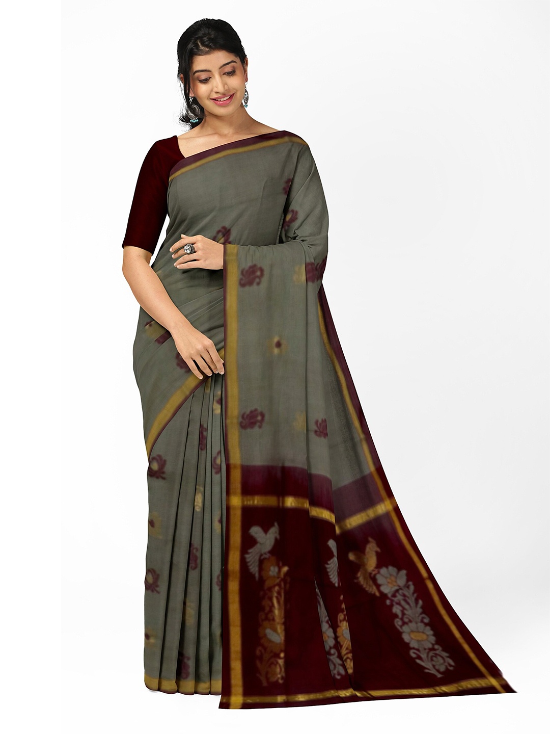 

APCO Woven Pure Cotton Handloom Saree, Grey