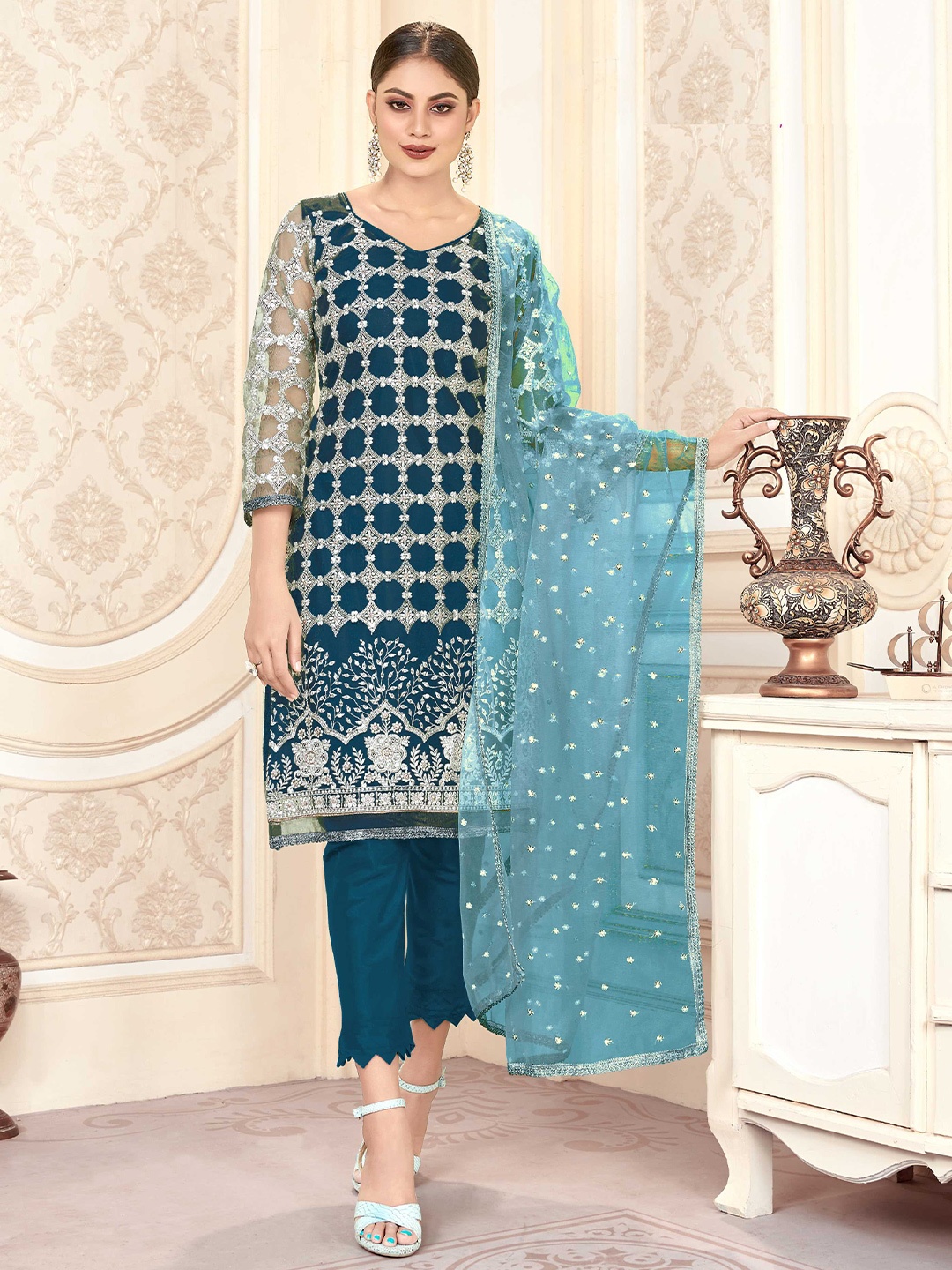 

Panzora Ethnic Motifs Embroidered Sequinned Unstitched Dress Material, Teal