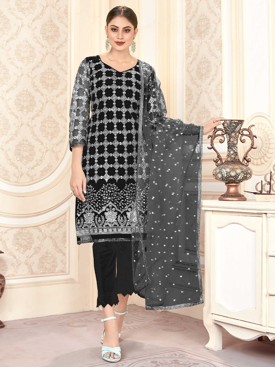 

Panzora Ethnic Motifs Embroidered Sequinned Unstitched Dress Material, Black