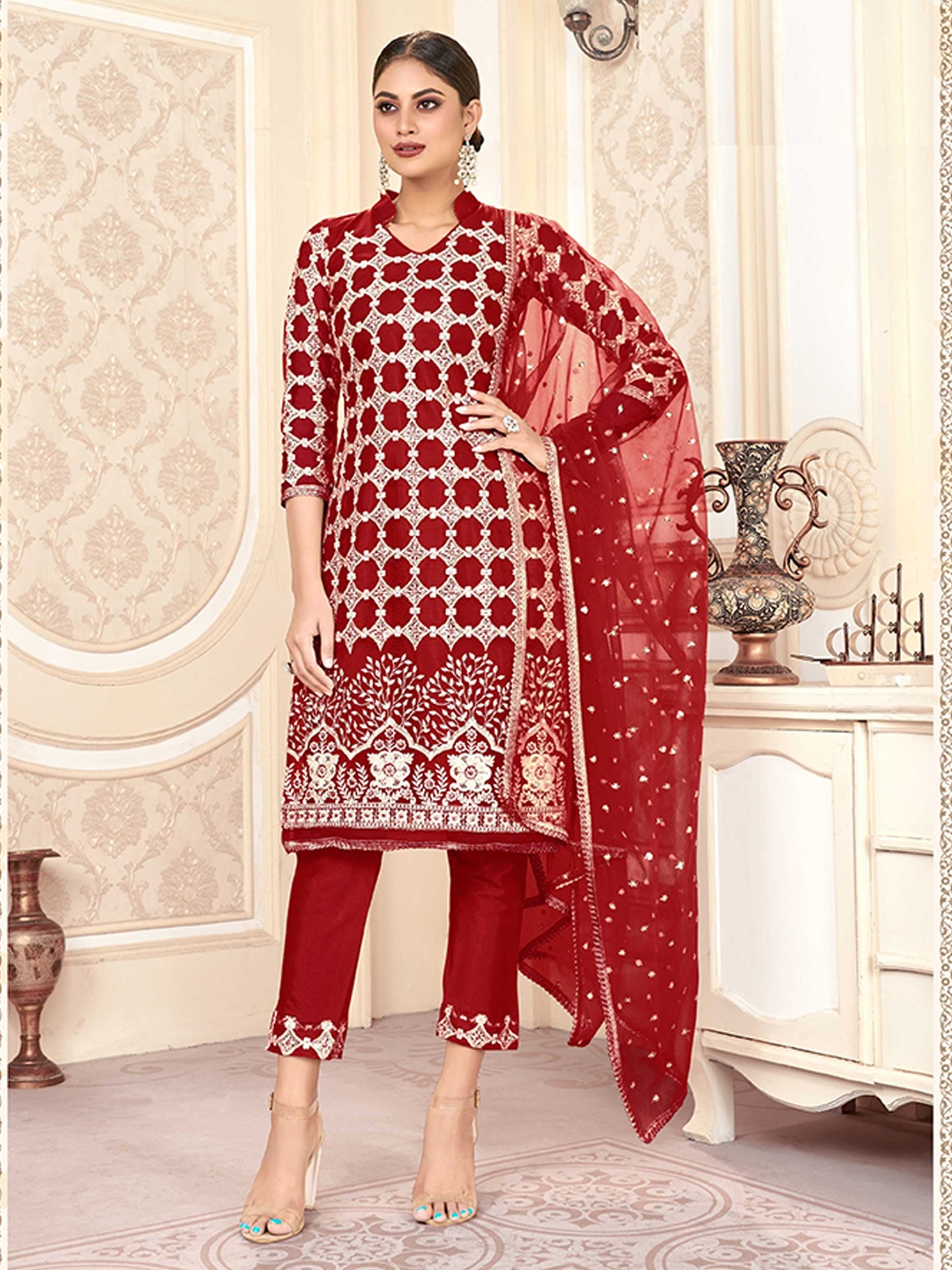 

Panzora Ethnic Motif Embroidered Unstitched Dress Material, Red