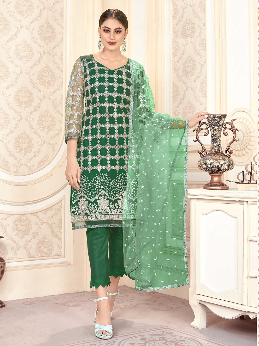 

Panzora Geometric Embroidered Sequinned Net Unstitched Dress Material, Green