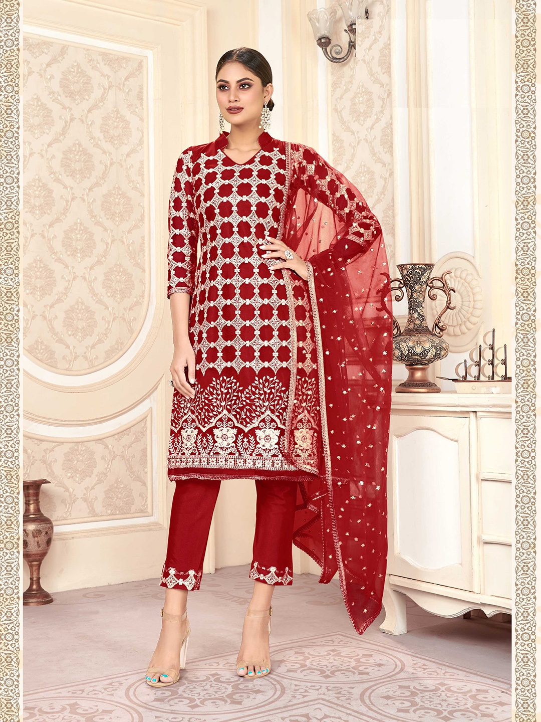 

KALINI Ethnic Motifs Embroidered Sequinned Detailed Net Unstitched Dress Material, Red