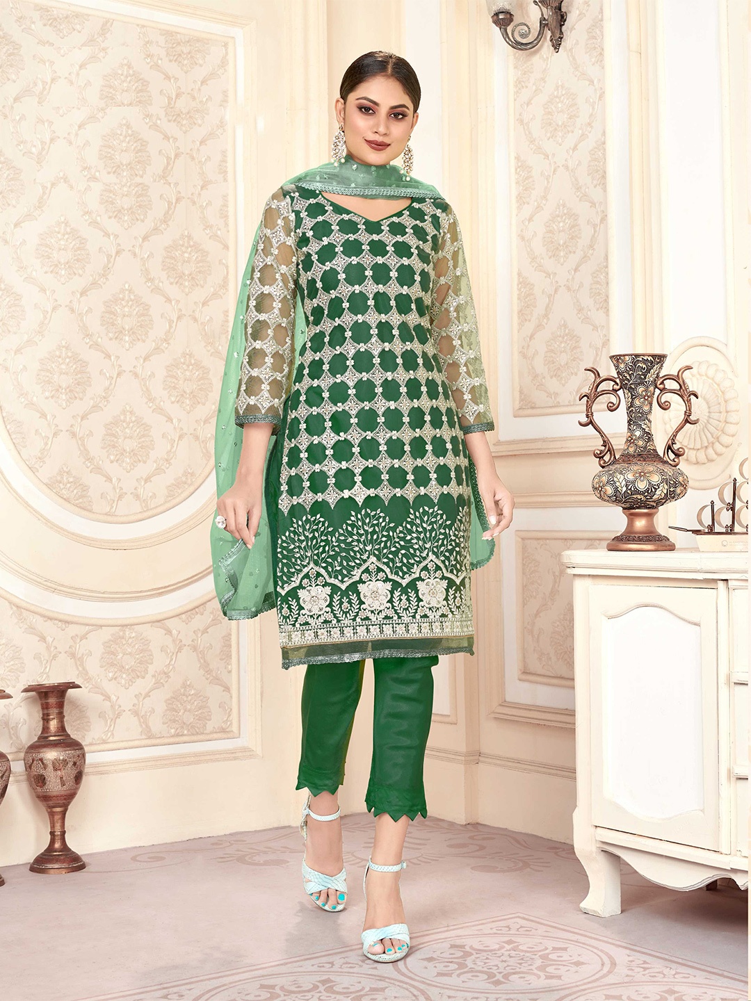 

KALINI Ethnic Motifs Embroidered Sequinned Detailed Net Unstitched Dress Material, Green